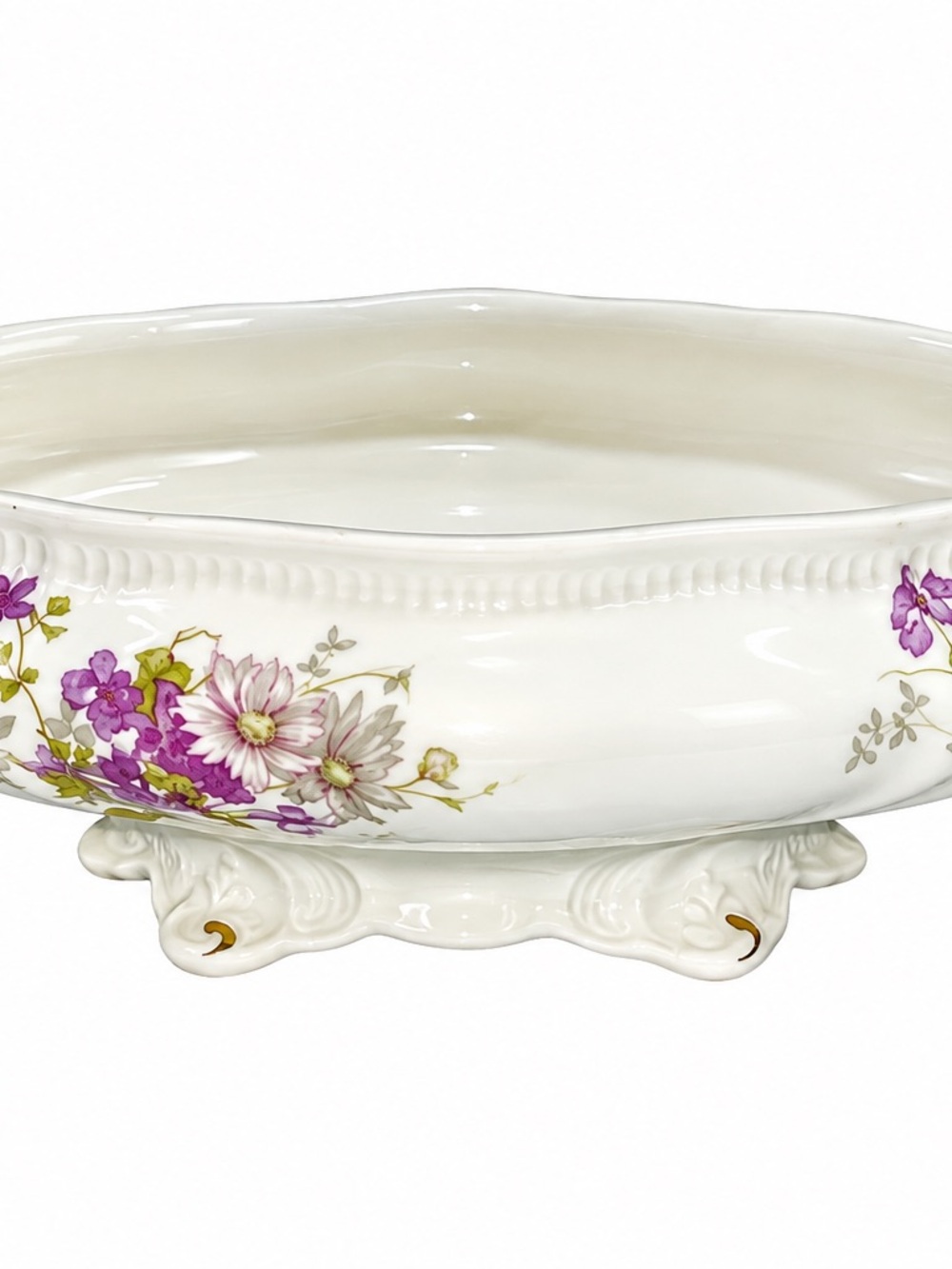 Porcelain Footed Serving Bowl with Purple Floral Accents